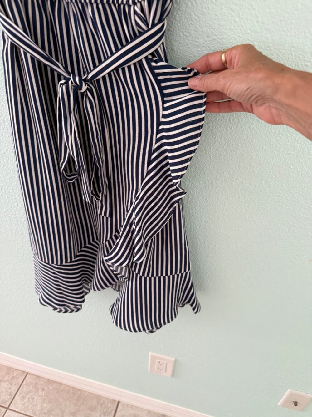 naif Blue White Stripe‎ Faux Wrap Ruffle Dress Size Medium - Picture 3 of 7